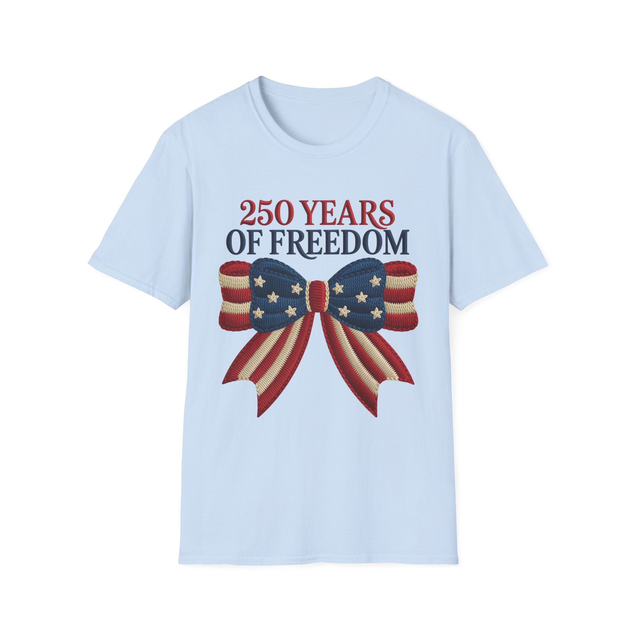 250 Years of Freedom Patriotic T-Shirt — American Flag Bow 4th of July Tee