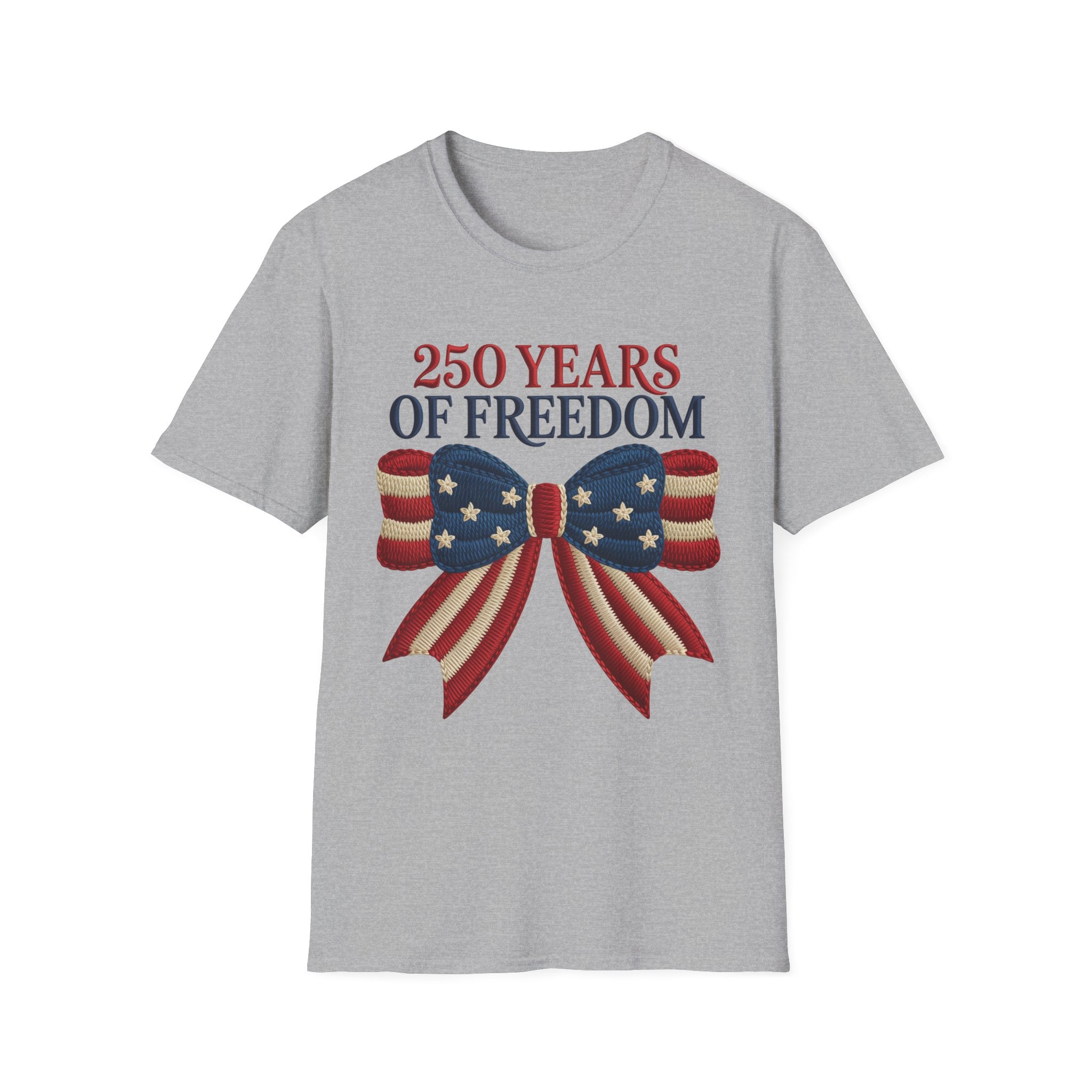 250 Years of Freedom Patriotic T-Shirt — American Flag Bow 4th of July Tee