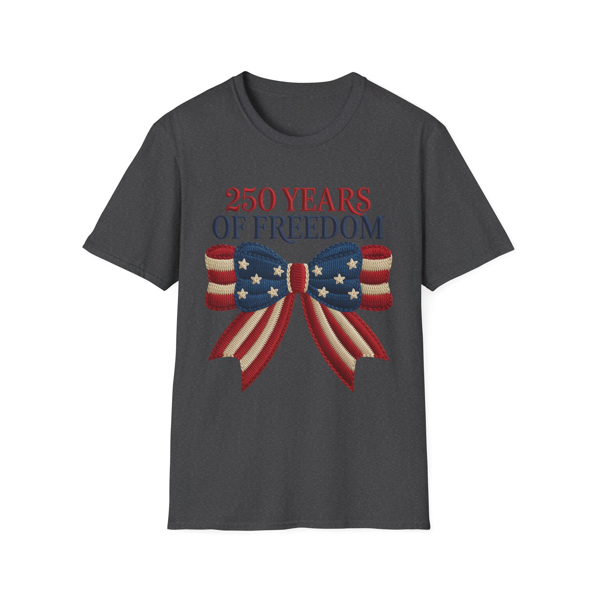 250 Years of Freedom Patriotic T-Shirt — American Flag Bow 4th of July Tee