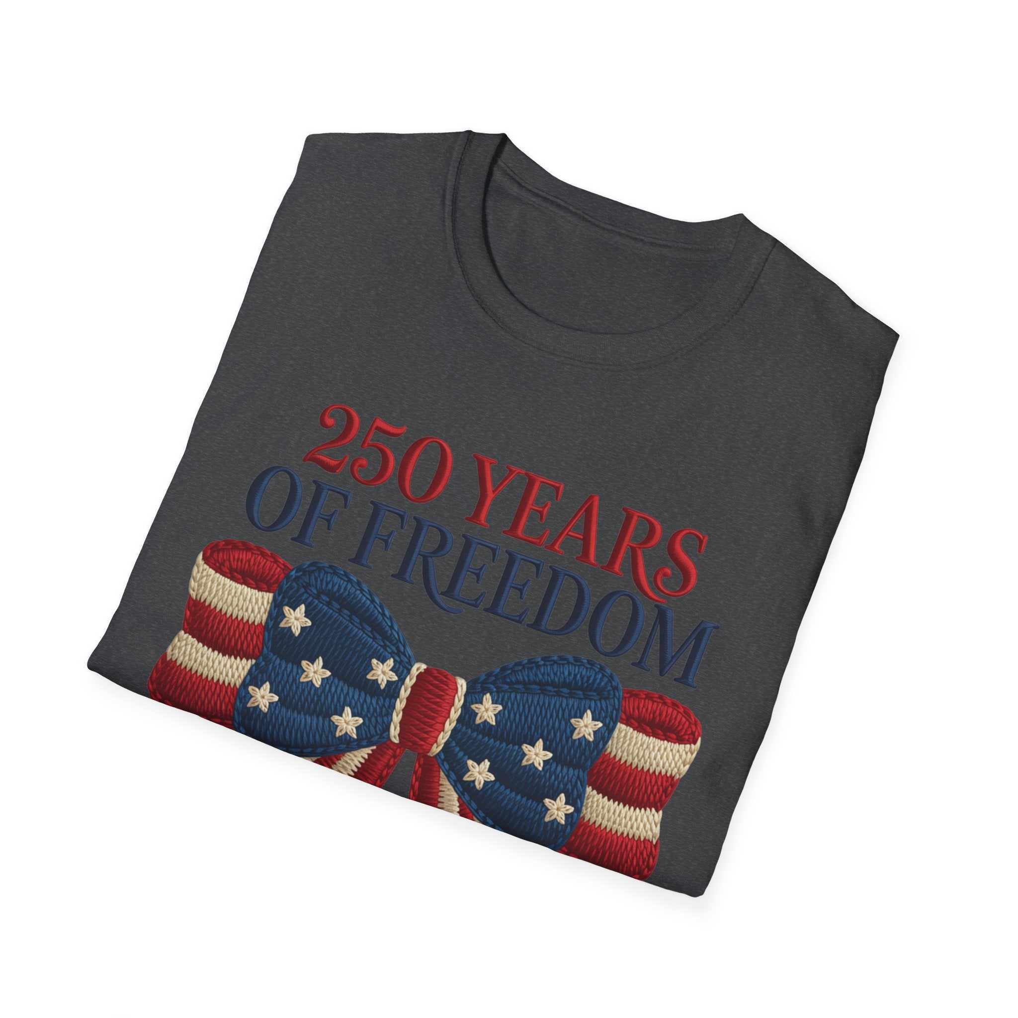 250 Years of Freedom Patriotic T-Shirt — American Flag Bow 4th of July Tee