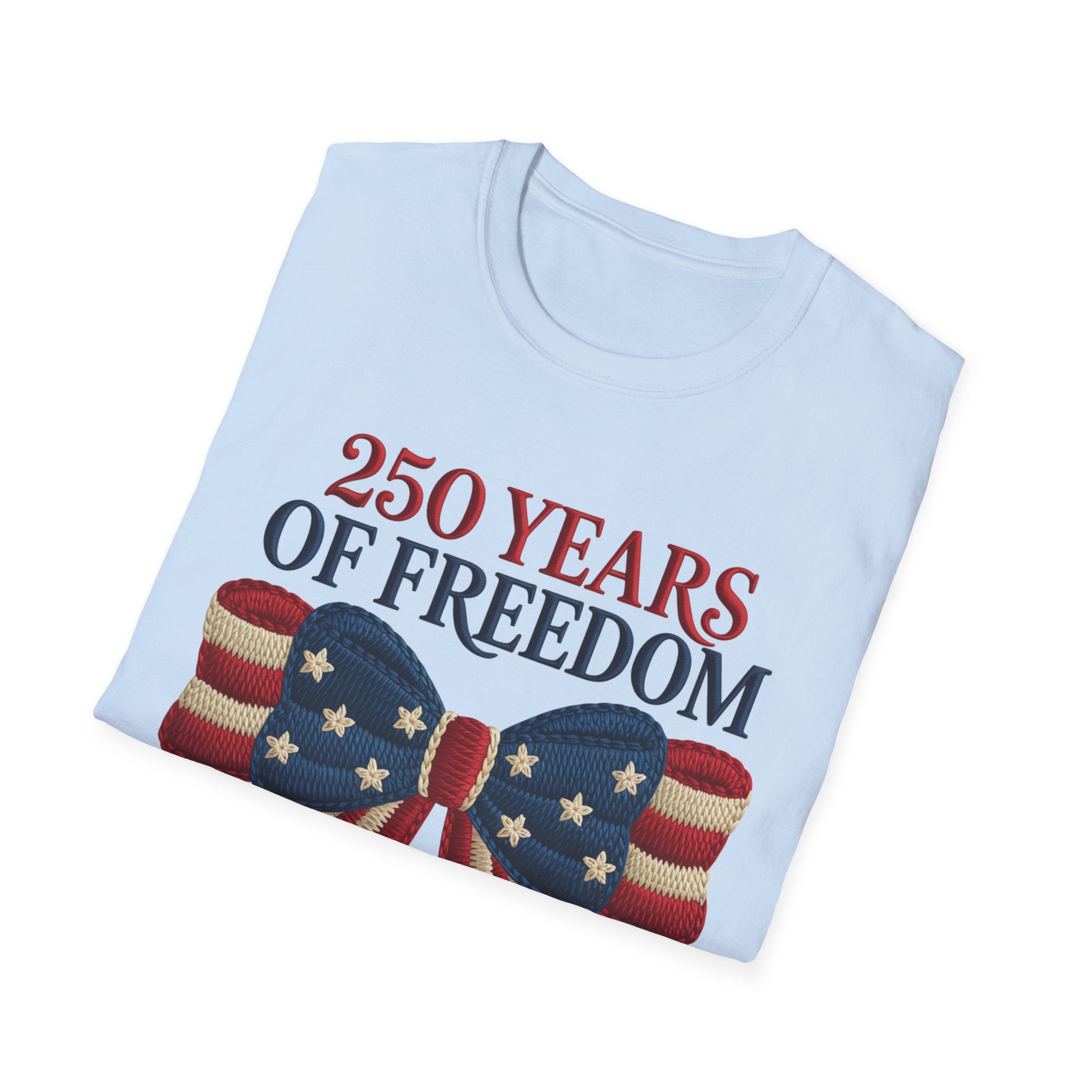 250 Years of Freedom Patriotic T-Shirt — American Flag Bow 4th of July Tee