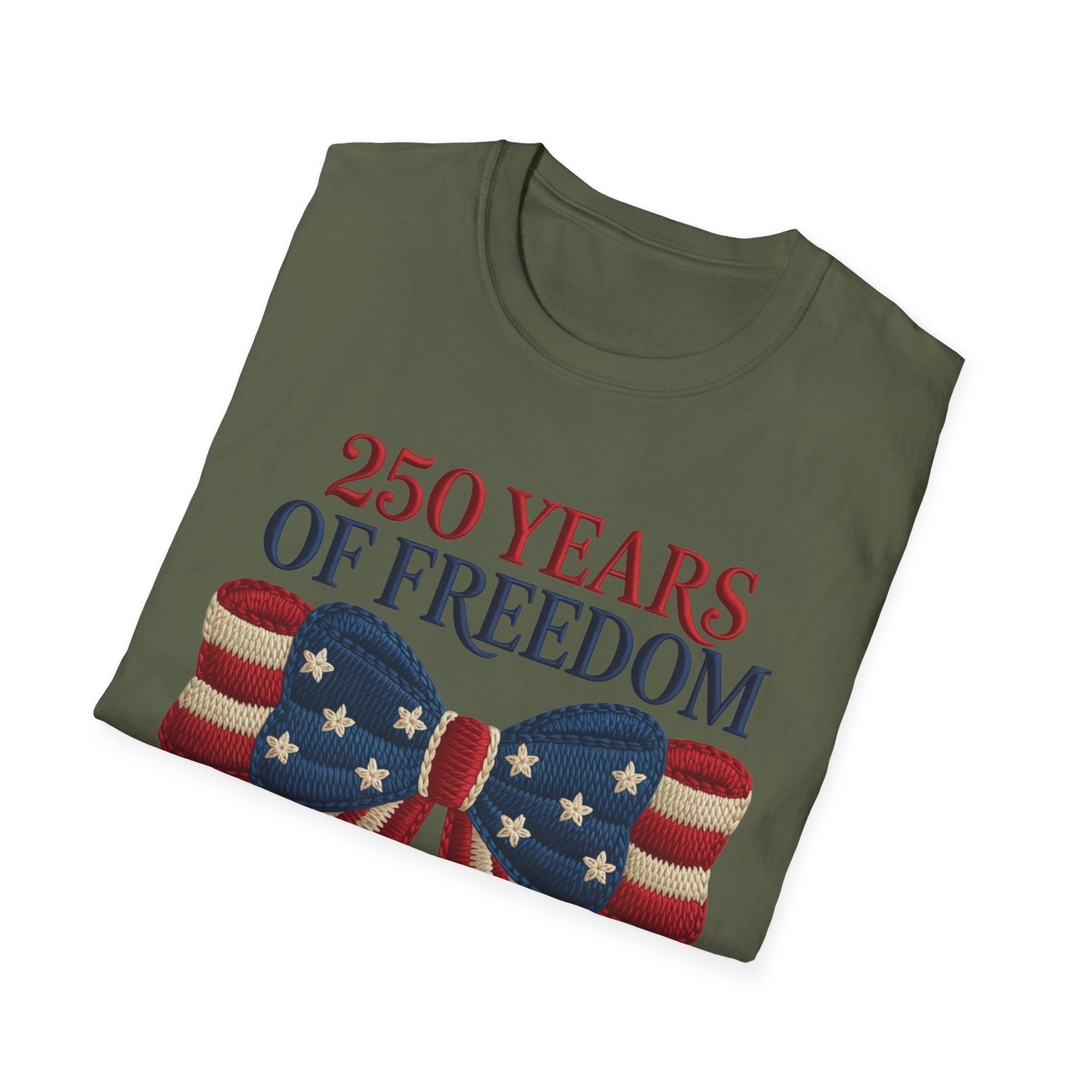 250 Years of Freedom Patriotic T-Shirt — American Flag Bow 4th of July Tee