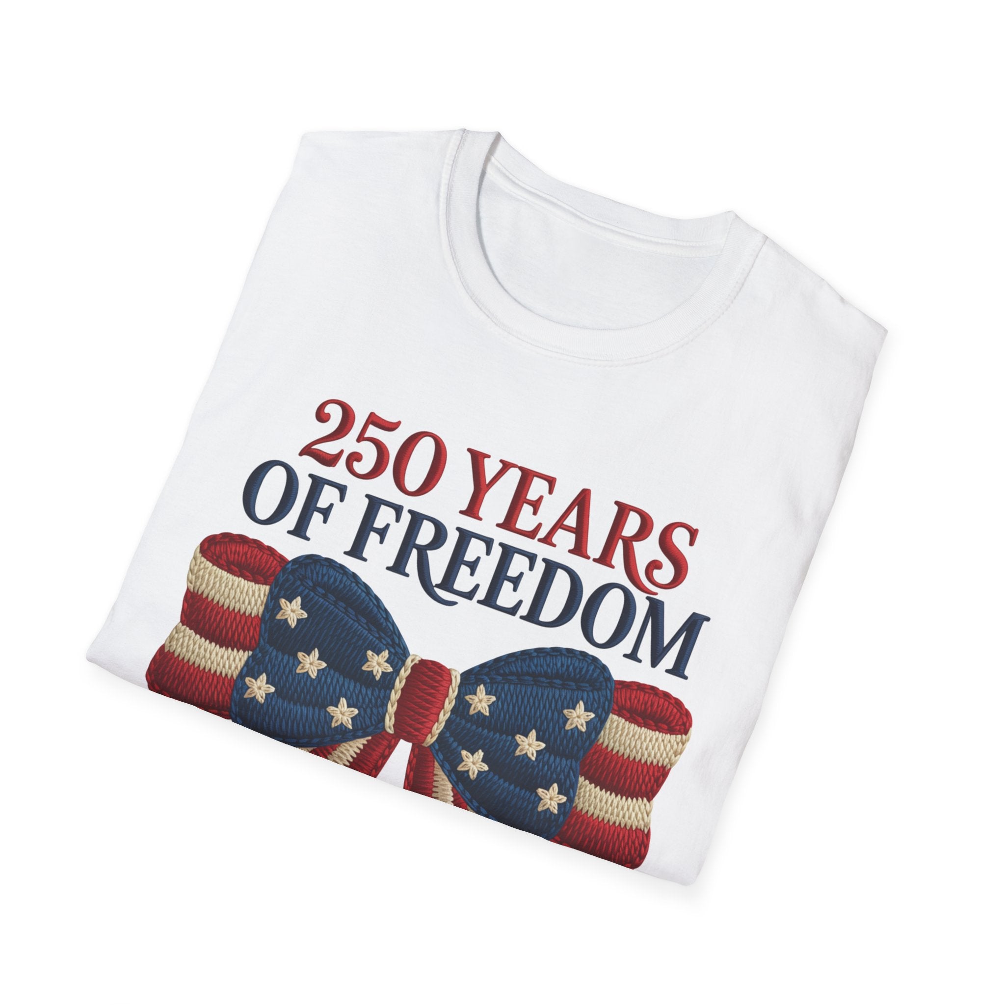 250 Years of Freedom Patriotic T-Shirt — American Flag Bow 4th of July Tee