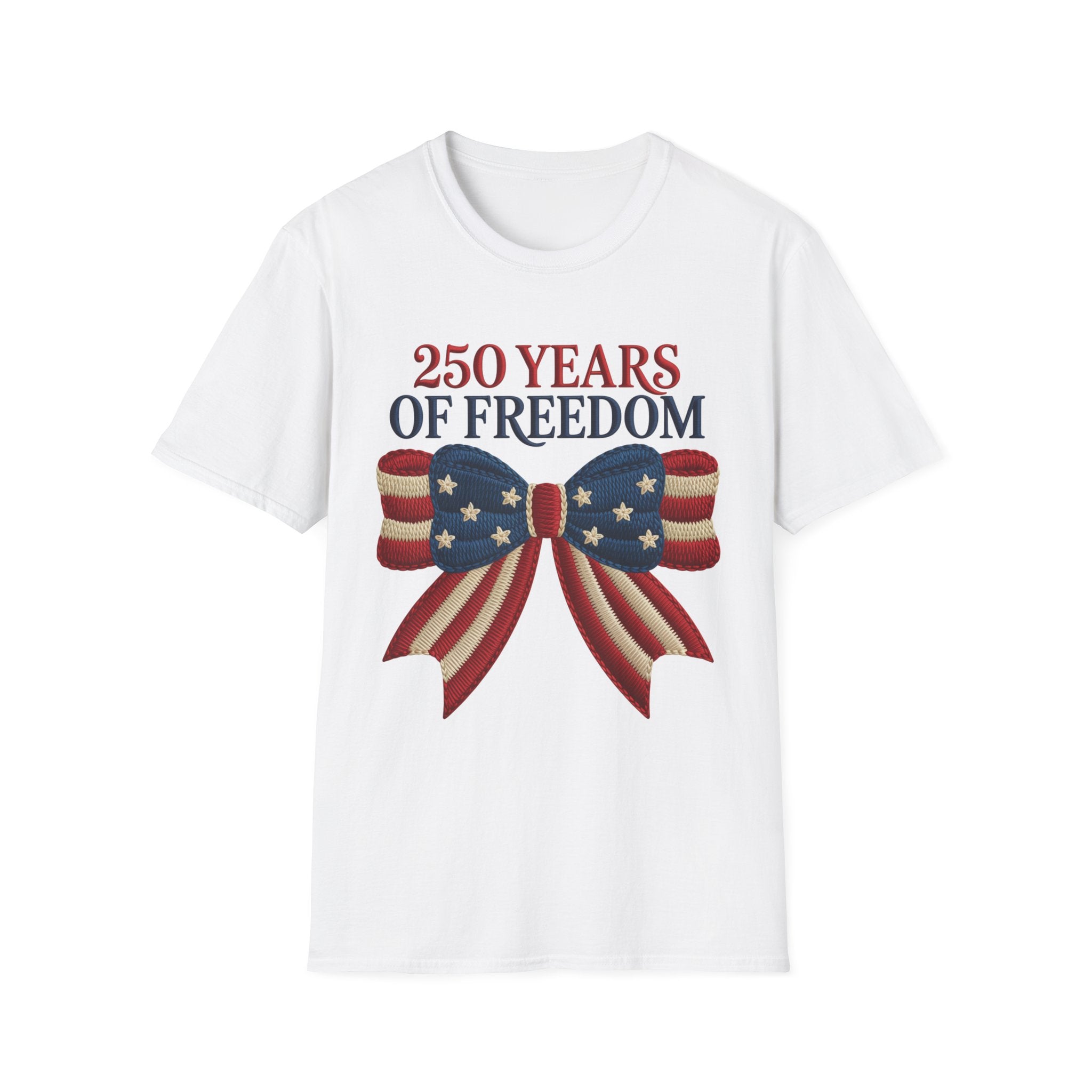 250 Years of Freedom Patriotic T-Shirt — American Flag Bow 4th of July Tee