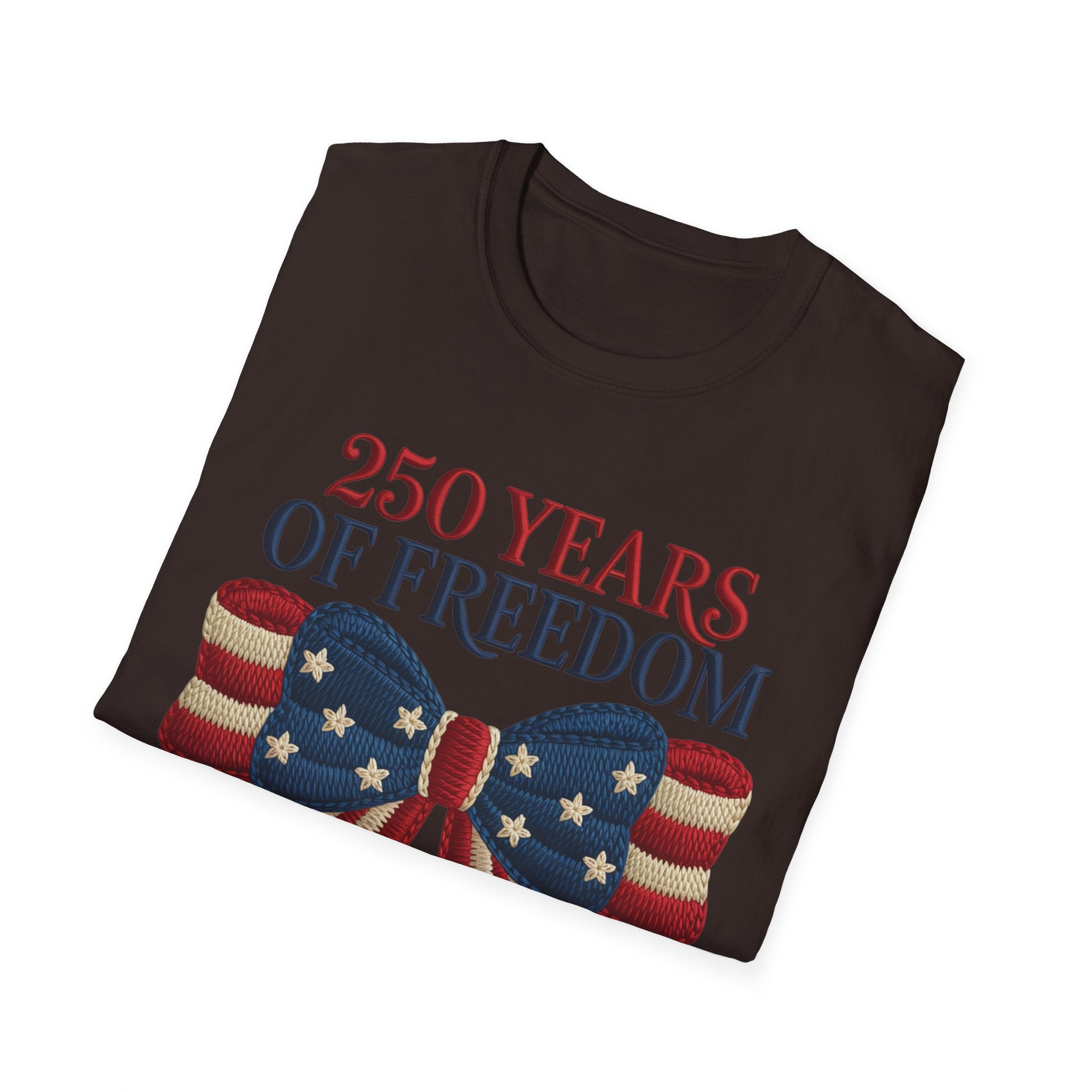 250 Years of Freedom Patriotic T-Shirt — American Flag Bow 4th of July Tee
