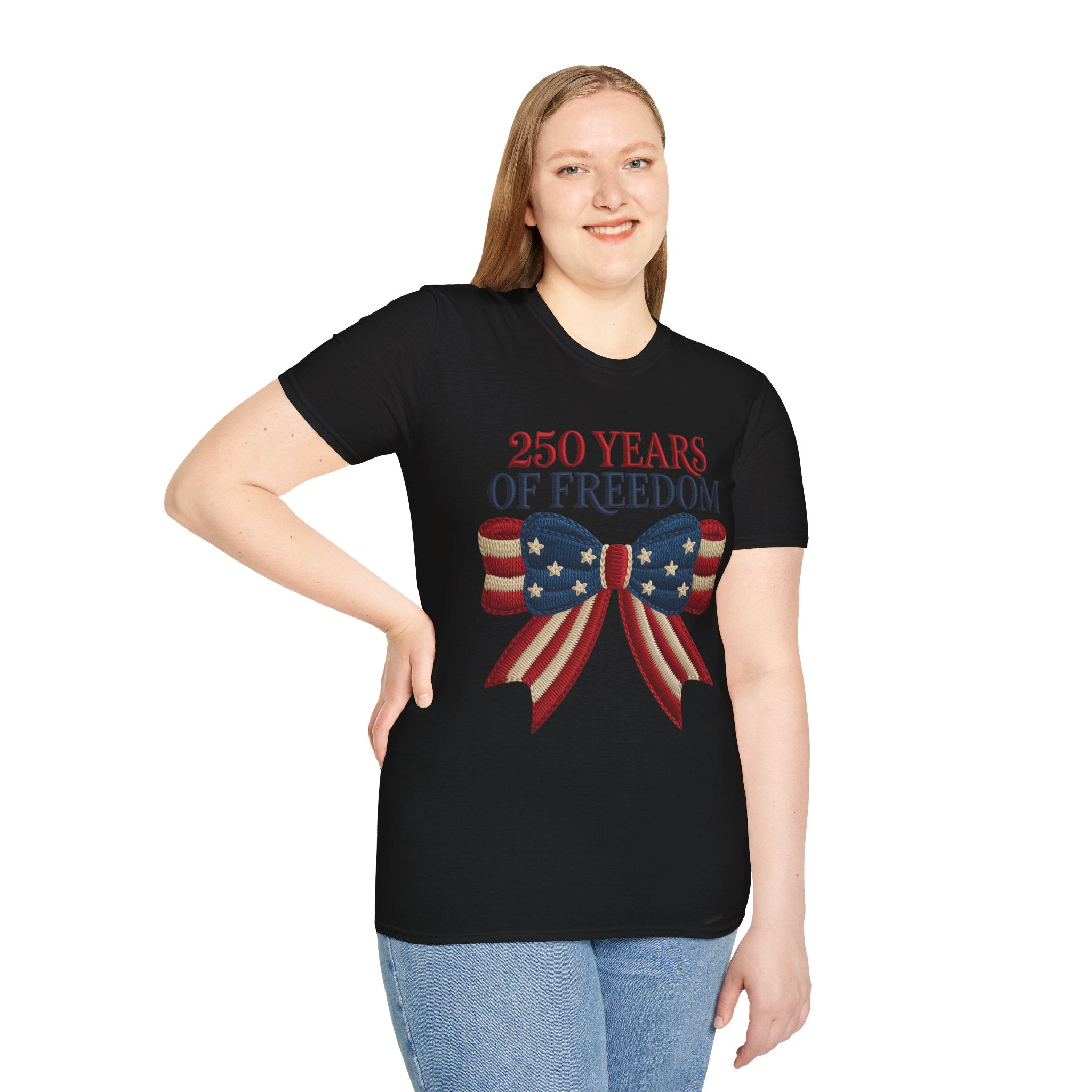 250 Years of Freedom Patriotic T-Shirt — American Flag Bow 4th of July Tee
