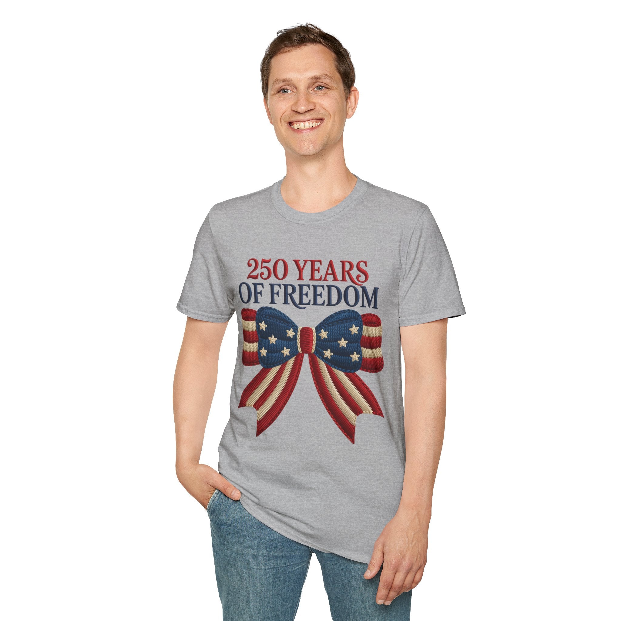 250 Years of Freedom Patriotic T-Shirt — American Flag Bow 4th of July Tee