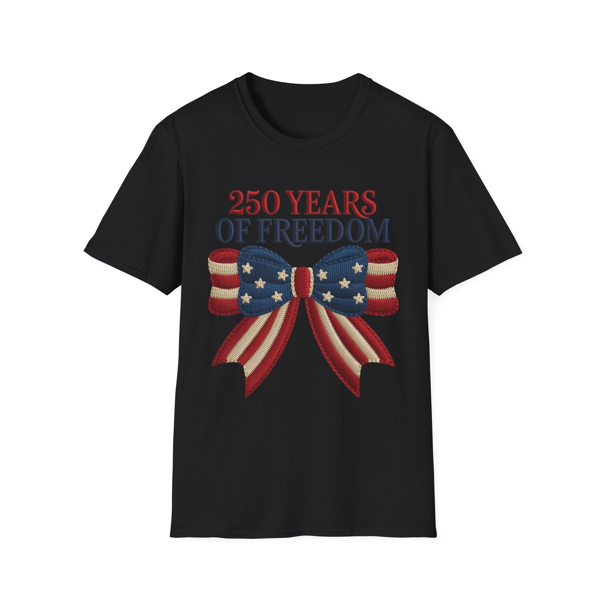 250 Years of Freedom Patriotic T-Shirt — American Flag Bow 4th of July Tee