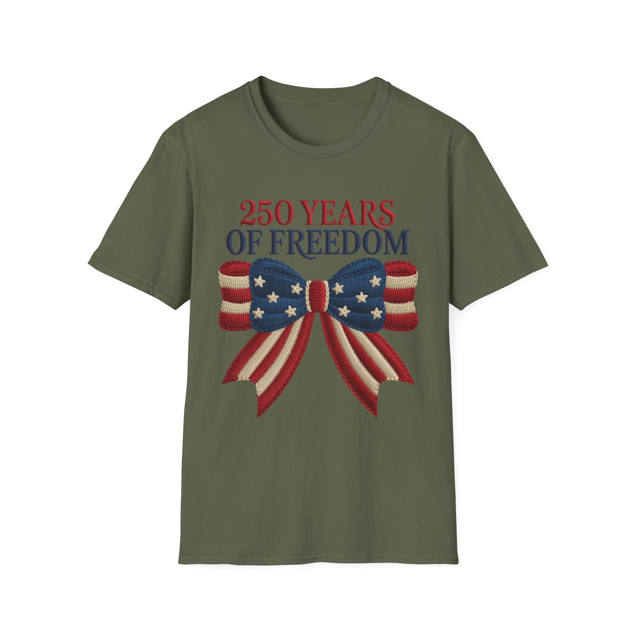 250 Years of Freedom Patriotic T-Shirt — American Flag Bow 4th of July Tee