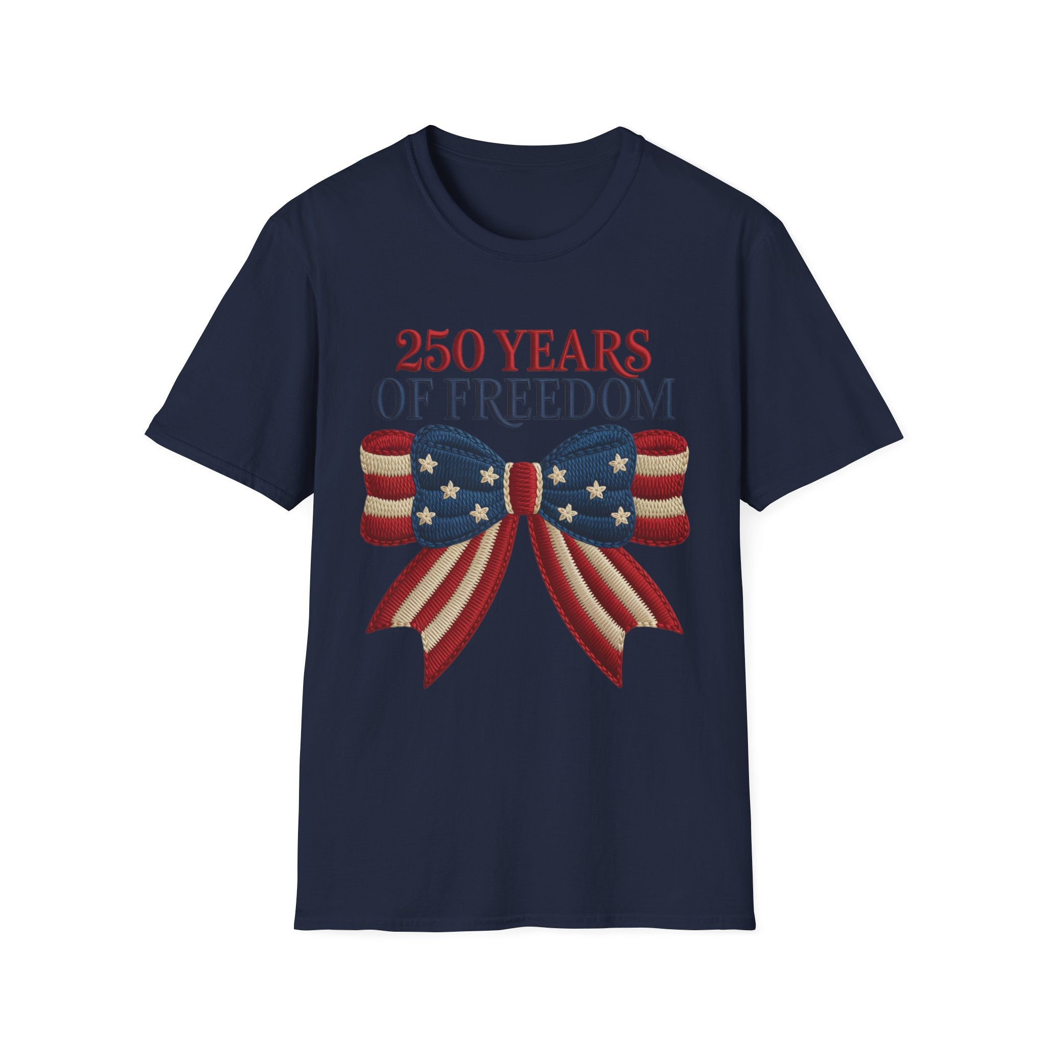 250 Years of Freedom Patriotic T-Shirt — American Flag Bow 4th of July Tee