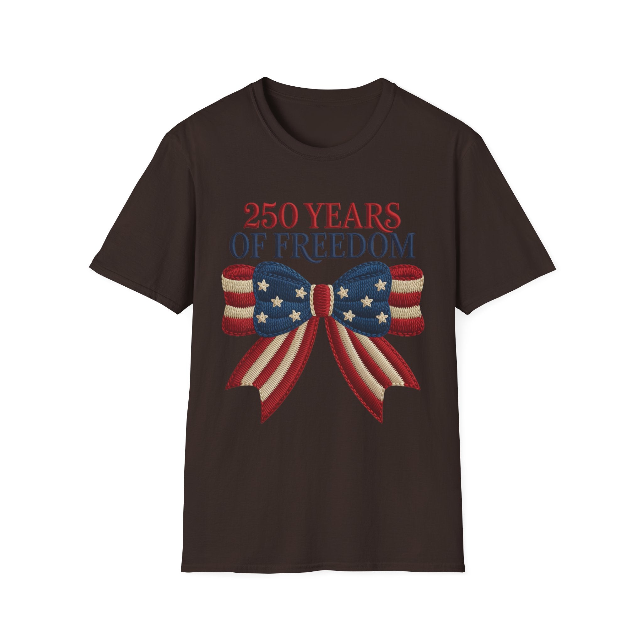 250 Years of Freedom Patriotic T-Shirt — American Flag Bow 4th of July Tee