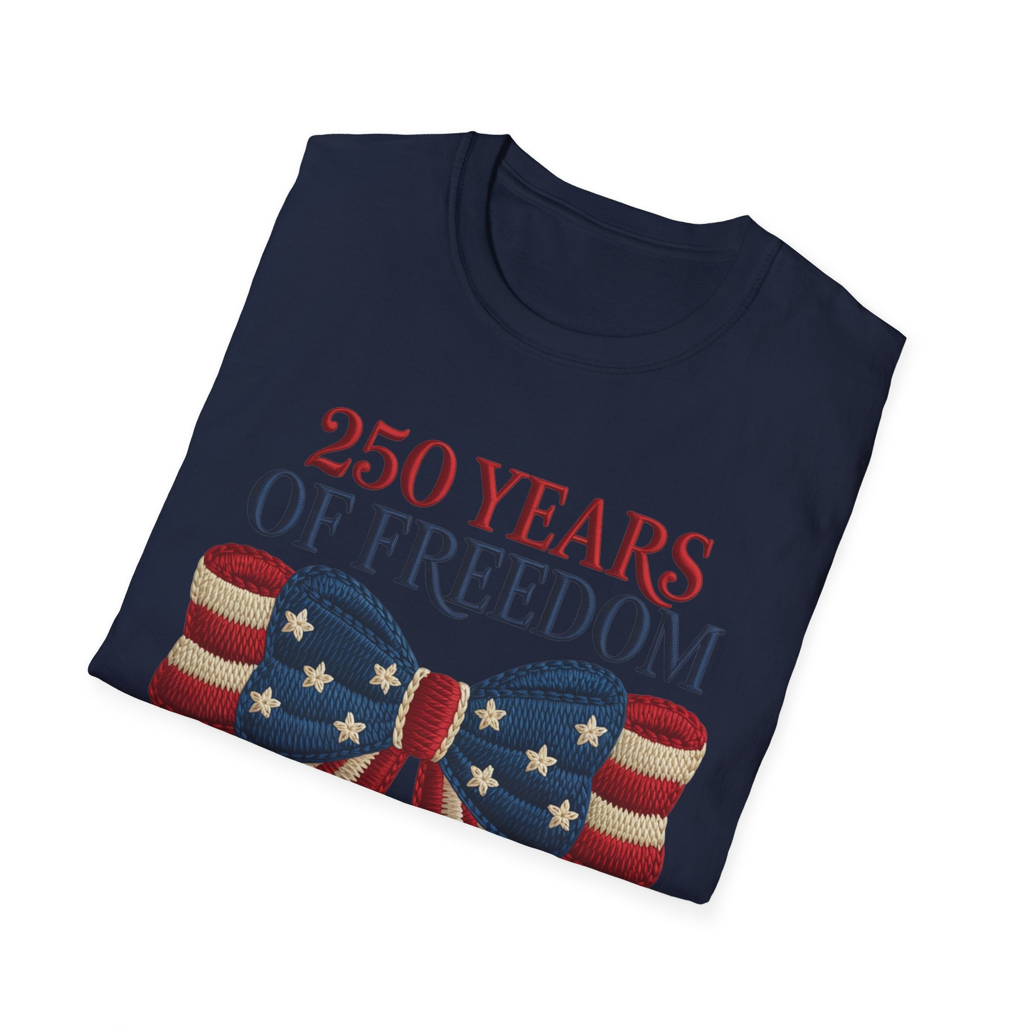 250 Years of Freedom Patriotic T-Shirt — American Flag Bow 4th of July Tee