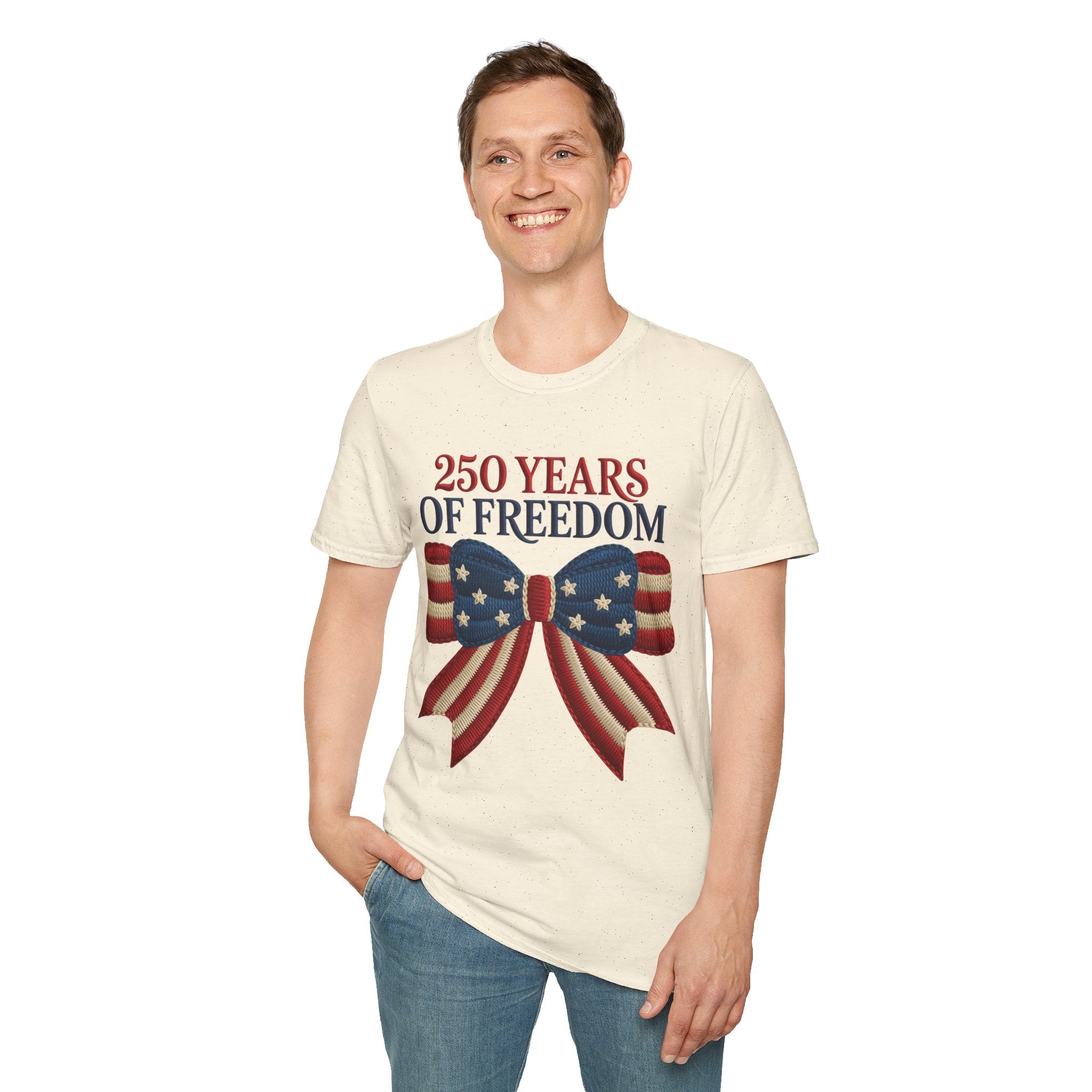 250 Years of Freedom Patriotic T-Shirt — American Flag Bow 4th of July Tee