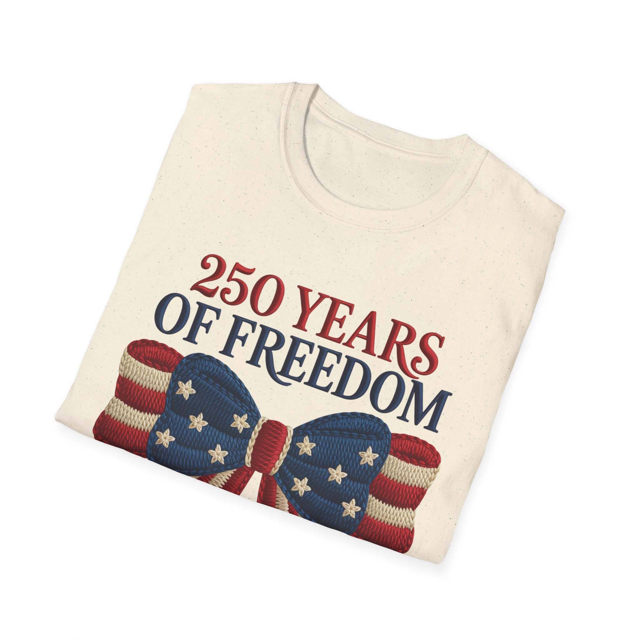 250 Years of Freedom Patriotic T-Shirt — American Flag Bow 4th of July Tee