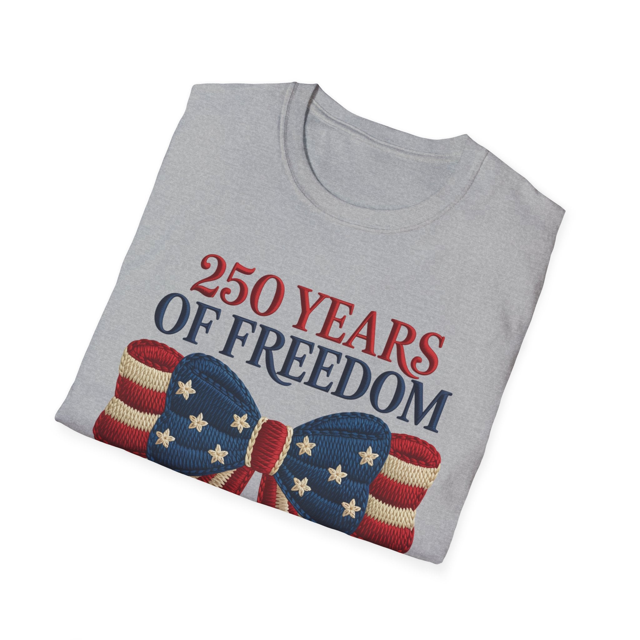 250 Years of Freedom Patriotic T-Shirt — American Flag Bow 4th of July Tee