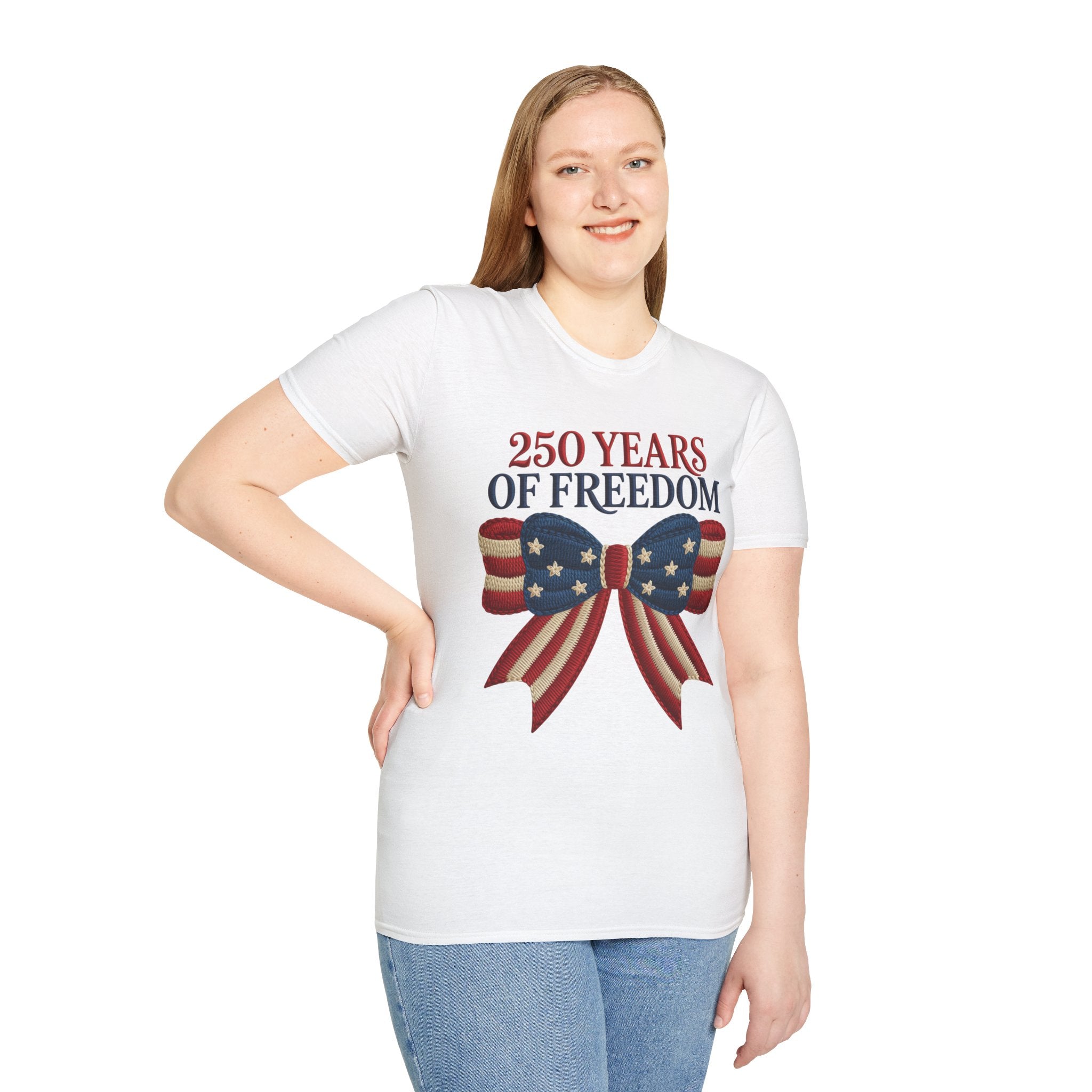 250 Years of Freedom Patriotic T-Shirt — American Flag Bow 4th of July Tee